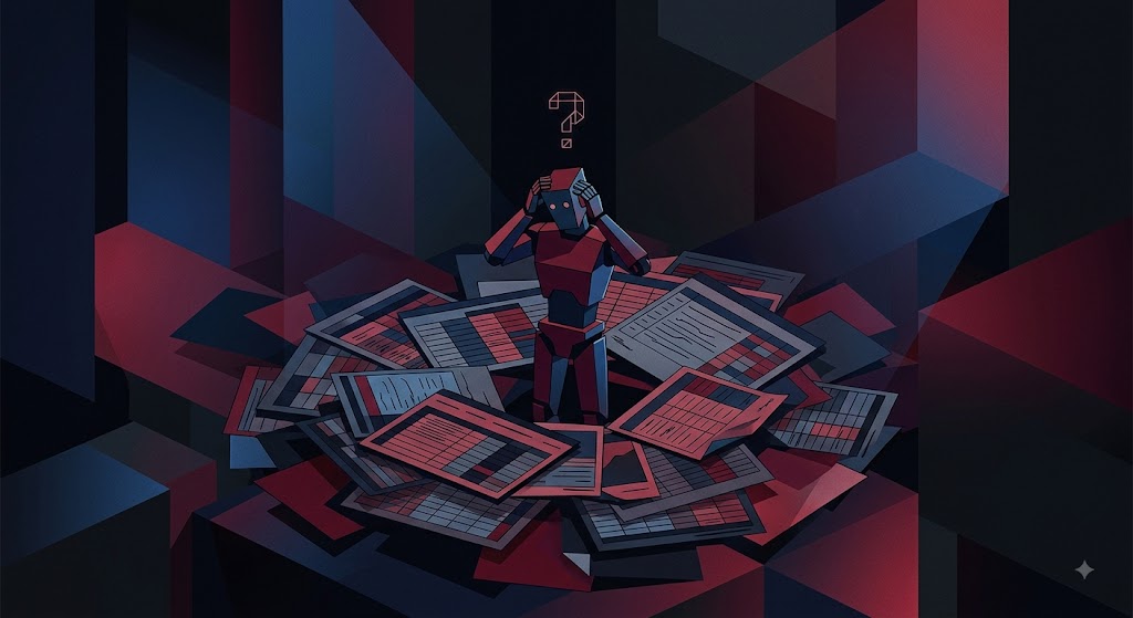 obot looking confused at a mountain of messy spreadsheets